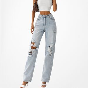 White Fox Boutique High Waisted Distressed Ripped Knee Cropped Mom Jeans Size XS